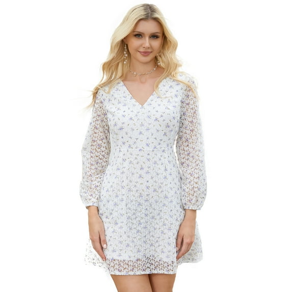 EILLY BAZAR White Ditsy Floral Print Dress for Women Long Sleeve above Knee Length Female Allover Purple Print Dress L