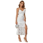 EILLY BAZAR White Lace Dress for Women Spaghetti Strap Sleeveless Female Deep V Neck Long Dress XS
