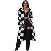 EILLY BAZAR Women's Button Front Fuzzy Coat Long Jacket Below The Knee Black and White Check XS