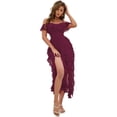 thumbnail image 1 of EILLY BAZAR Women's Cold Shoulder Layered Ruffle Trim Split Thigh Dress Red Violet M, 1 of 5