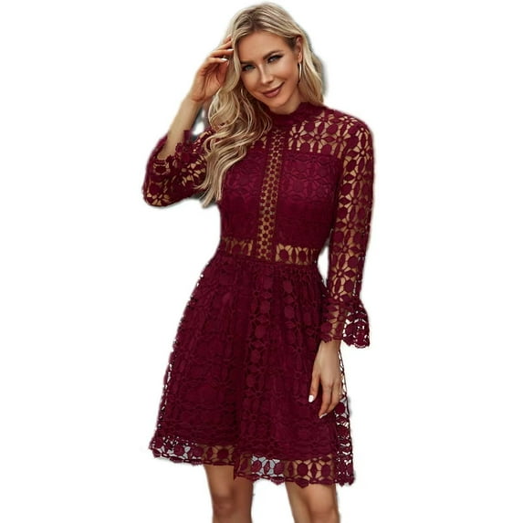 EILLY BAZAR Women's Lace Dresses Mesh Insert Mock Neck Flounce Sleeve Burgundy XL