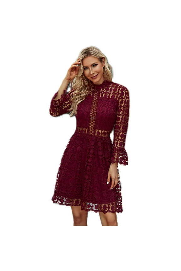 Women's Lace Dresses Mesh Insert Mock Neck Flounce Sleeve Burgundy XS