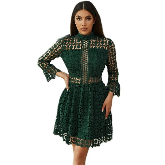 EILLY BAZAR Women's Lace Dresses Mesh Insert Mock Neck Flounce Sleeve Dark Green M