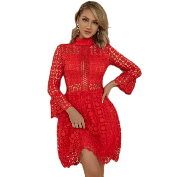 EILLY BAZAR Women's Lace Dresses Mesh Insert Mock Neck Flounce Sleeve Scarlet XS
