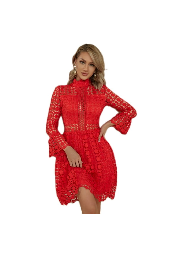 Women's Lace Dresses Mesh Insert Mock Neck Flounce Sleeve Scarlet XS