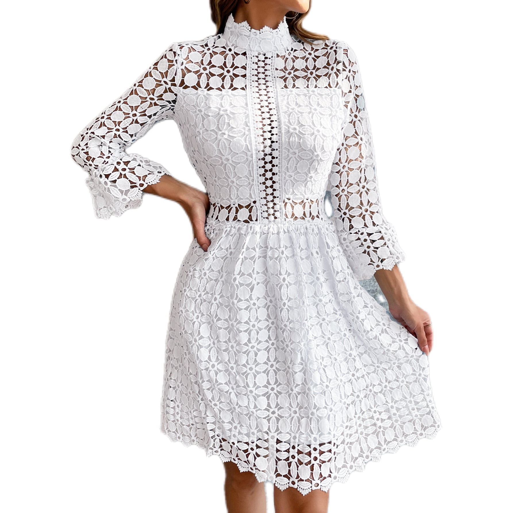 EILLY BAZAR Women's Lace Dresses Mesh Insert Mock Neck Flounce Sleeve White  M - Walmart.com