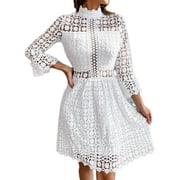 EILLY BAZAR Women's Lace Dresses Mesh Insert Mock Neck Flounce Sleeve White S