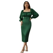 EILLY BAZAR Women's Lantern Sleeve Button Front Split Back Satin Dress Green S