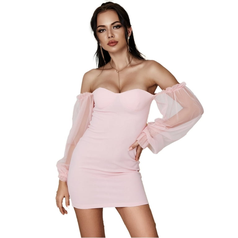 EILLY BAZAR Women's Mesh Flounce Sleeve Bodycon Dress Mini Baby - Main Image