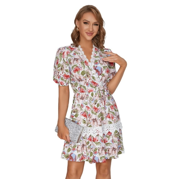 EILLY BAZAR Wrap V Neck Dress for Women Short Sleeve above Knee Length Female Allover Print Dress White S