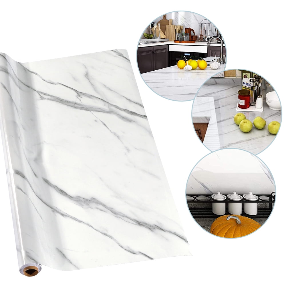 EIMELI 1.96 x 16.4 ft Thicken Marble PVC Wallpaper Oil and Waterproof Self-adhesive Sticker White/Gray 3D Removable Wallpaper for House Kitchens Decoration (White/Gray)