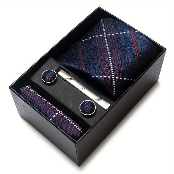 EIMELI 1 Set of Luxury Plaid Tie Accessories - Tie Sets for Men with Pocket Square Handkerchief Cufflink Tie Clip and Gift Box - Perfect Wedding or Business Suit Accessories for Him