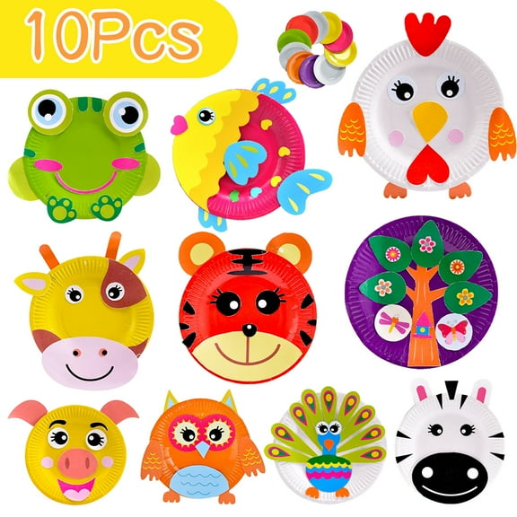 EIMELI 10 Pack Paper Plate Art Kit for Kids Toddler Crafts DIY Art Supplies Animals Crafts Creative Toddler Birthday Games Preschool Activity Parties Groups Toy Gifts for Boys Girls (Set A)