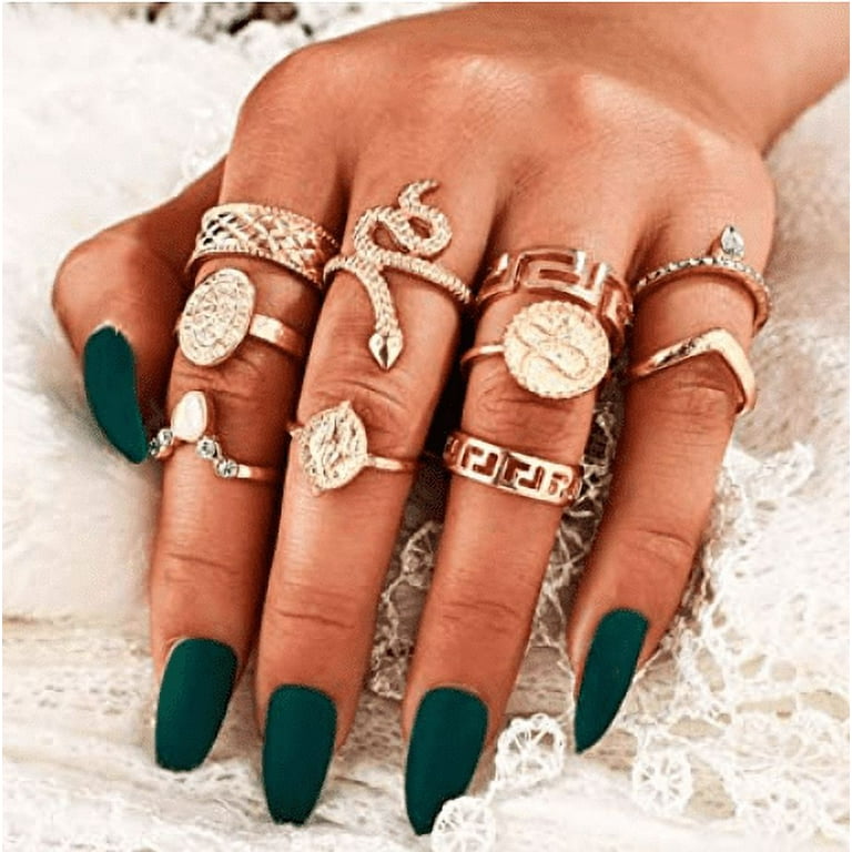 EIMELI 10 Piece Ring Boho Gold Ring Set with Diamonds and Snake