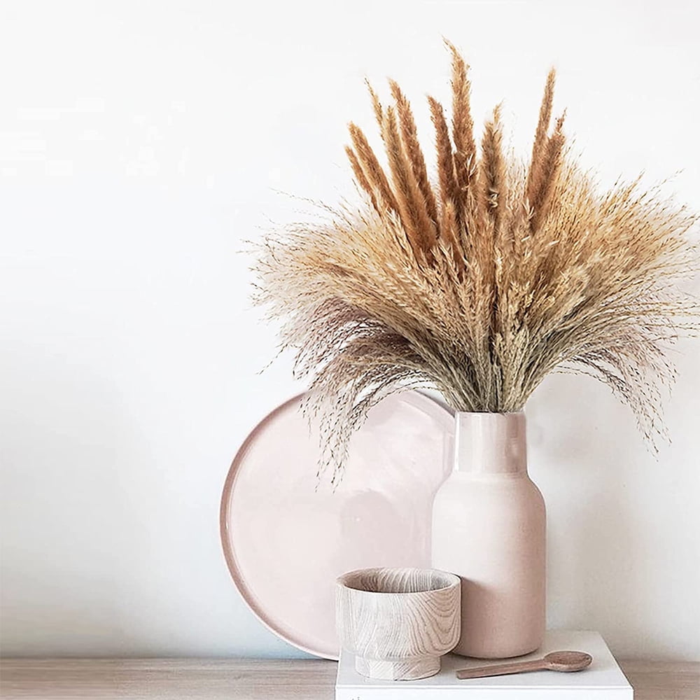 EIMELI 100PCS Natural Dried Pampas Grass Plume 17in Tall Dried Flowers Large Faux Reed Artificial Plants for Wedding Flower Arrangements Farmhouse Wreath Door Centerpiece Home Décor Brown