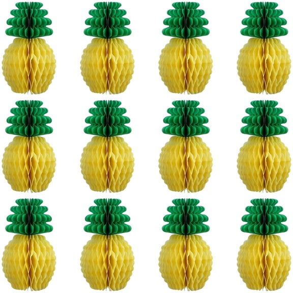 EIMELI 12PCS Pineapple Honeycomb Centerpieces Tissue Paper Pineapple Table Hanging Decorations for Tropical Luau Hawaiian Jungle Party (8 Inch)