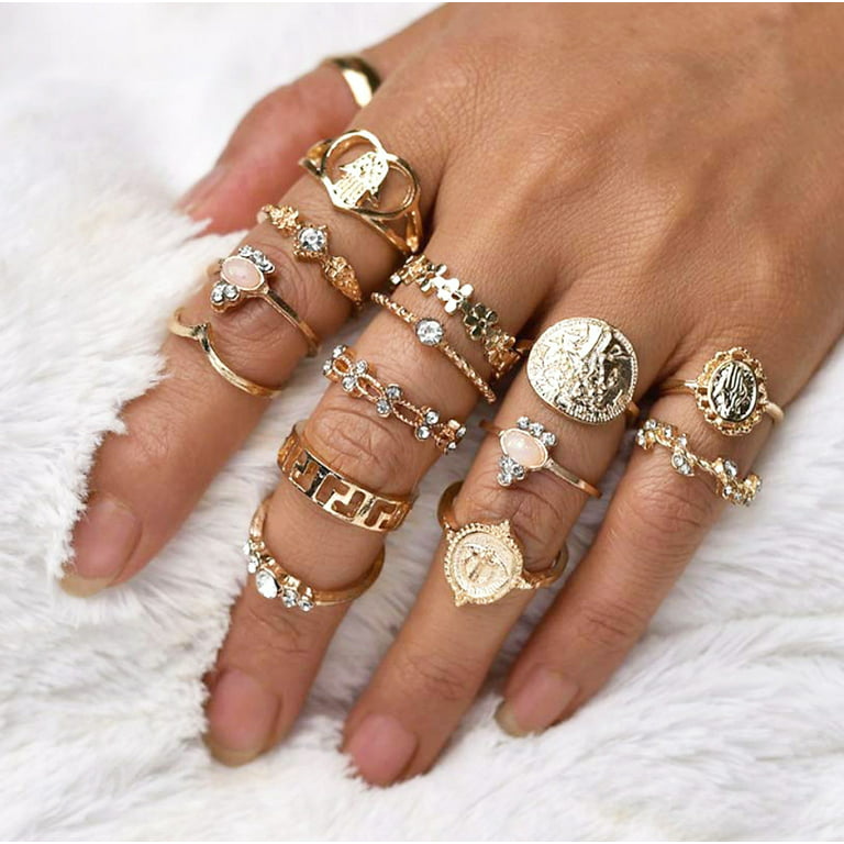 Eimeli 15 Pack Woman Stackable Knuckle Rings Teen Girls Gold Vintage Crystal Fidget Ring Trendy Boho Chunky Rings Made by Stainless Steel Resin for