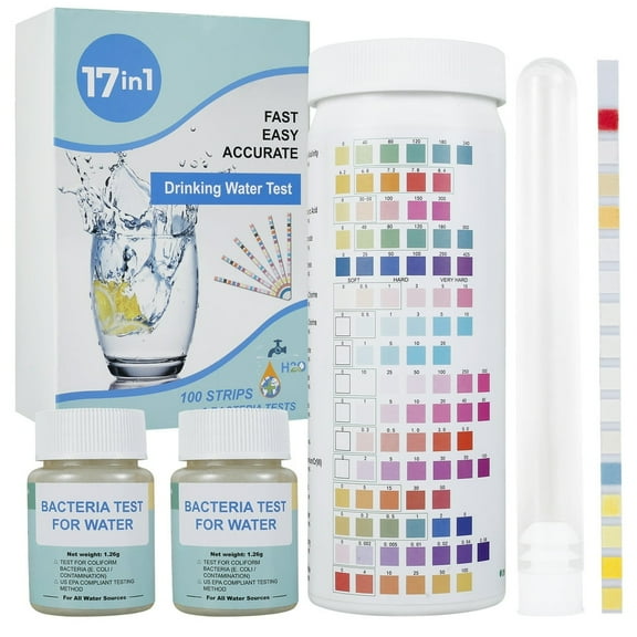 EIMELI 17 in 1 Premium Drinking Water Test Kit 100 Strips 2 Bacteria Tests Home Water Quality Test Well and Tap Water Easy Testing for Lead Bacteria Hardness Fluoride pH Iron Copper and m