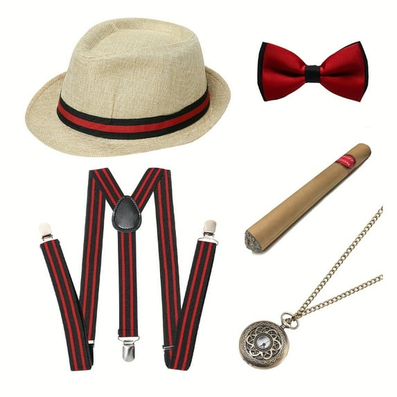 EIMELI 1920s Mens Gatsby Gangster Accessories Set Panama Hat Suspender Bow Tie