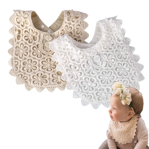"EIMELI 2-Pack Baby Bibs LIVEBOX New Lace Fake Collar Baby Bandana Bib for Drooling and Teething with Snap, 100% Organic Cotton Bib Burp Cloths for Baby Girl, Baby Shower Gift Set (White+Beige)"
