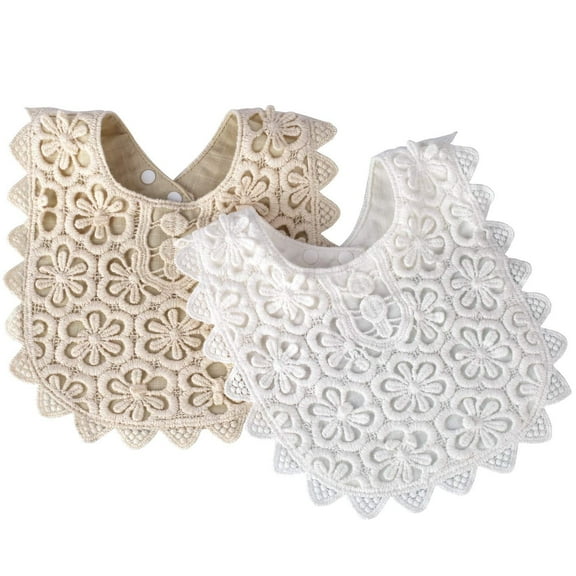 EIMELI 2 Pack Baby Drool Bibs,100% Organic Cotton Drooling and Teething Bandana Bibs Lace Fake Collar Bib Set for Toddler Girls (White+Beige), Medium