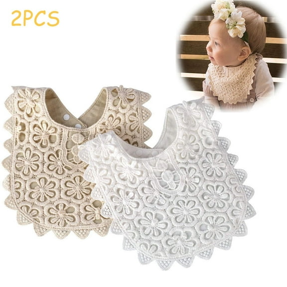 EIMELI 2 Pcs Baby Drool Bibs, Drooling Teething Bandana Bibs 100% Organic Cotton Lace Fake Collar Bib Set (White+Beige)