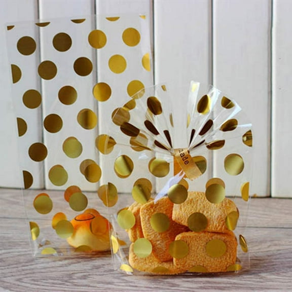 EIMELI 200 PCS Gold Polka Dot Pattern Candy Cookies Bags Clear Plastic Gift Packaging Bag Snack Wrapping Treat Bags