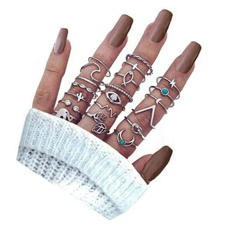 EIMELI 20Pcs Bohemian Turquoise Knuckle Rings Set, Vintage Stackable Leaf  Moon Knot Wave Rhinestone Joint Midi Finger Rings Set for Women Teen Girls  