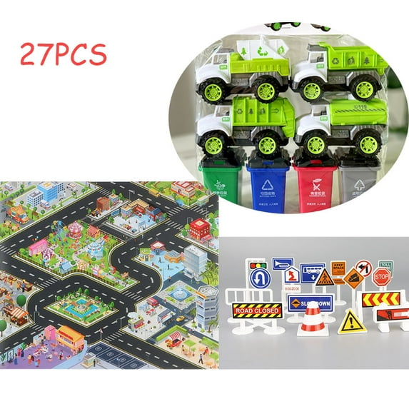 EIMELI 27Pcs Toy Garbage Truck - Trash Truck Toys w/ Play Mat, 4 Pcs Friction Powered Small Garbage Truck Toy for Boys Age 3+ Toddlers Kids Gift