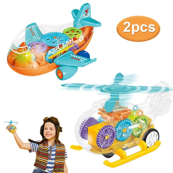 EIMELI 2PCS Transparent Toy Plane,Helicopter ,Aeroplane Toy With Visible Colored Moving Gears, LED Light Biplane, Music Flying Machine, Christmas Birthday Gift Toys