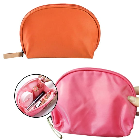 EIMELI 2Pcs Nylon Travel Pouch Makeup Bag,Zip-up Semi-round Makeup Bag Portable Lipstick Organizer Travel Makeup Bag (Orange + Watermelon Red)