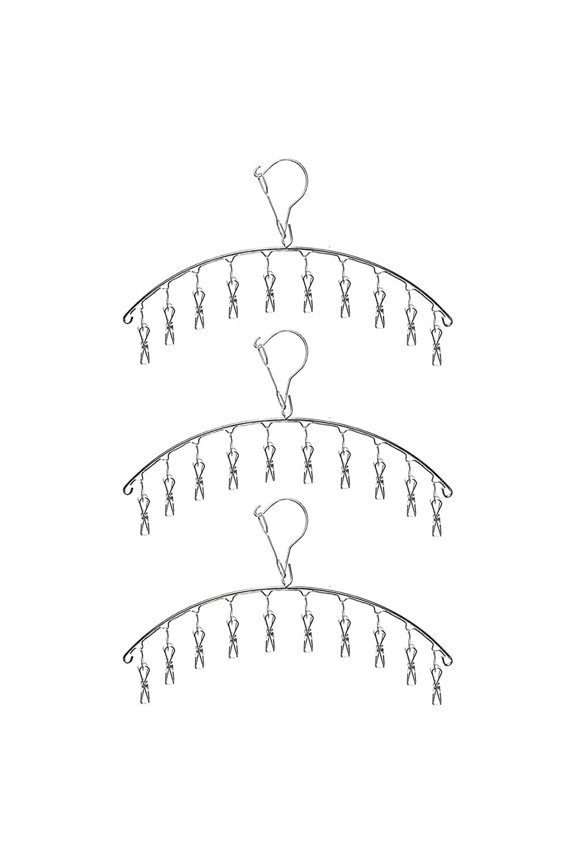 3 Pack Clothes Hanger with 10 Clips, Stainless Steel, Windproof, for Drying Socks, Bras, Underwears, Baby Clothes, Hats, Scarfs, Towels, Pants and Gloves