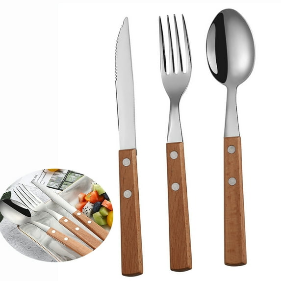 EIMELI 3 Pack Wood Handle Flatware Set Premium Stainless Steel Cutlery Set Wooden Dinner Knife Dinner Fork Dinner Spoon Set(Yellow)