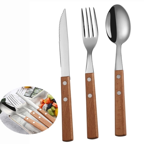 EIMELI 3 Pack Wood Handle Flatware Set Premium Stainless Steel Cutlery Set Wooden Dinner Knife Dinner Fork Dinner Spoon Set(Yellow)