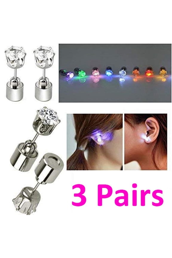 3 Pairs Changing Color Light Up LED Earrings,Studs Flashing Blinking Earrings Dance Party Acc Dec Christmas Gifts for Men Women Mom Wife Girlfriend Friend Boyfriend(Blue+Purple+Colorful)