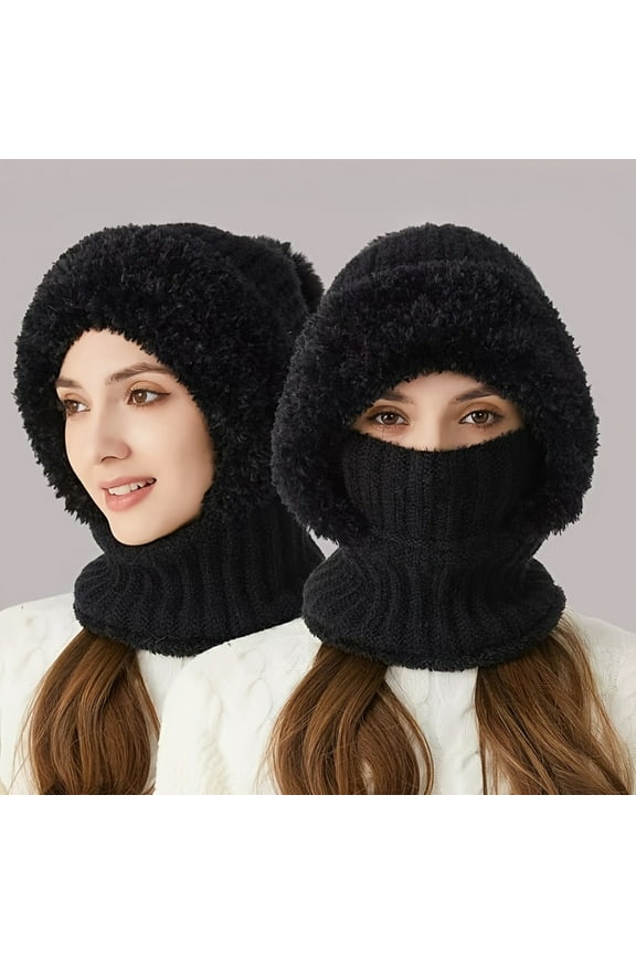 3-in-1 Winter Beanie  Scarf & Mask Set - Cozy Fleece-Lined Knit Hat with Ear Flaps  Windproof Warm Hooded Neck Warmer for Outdoor Cycling