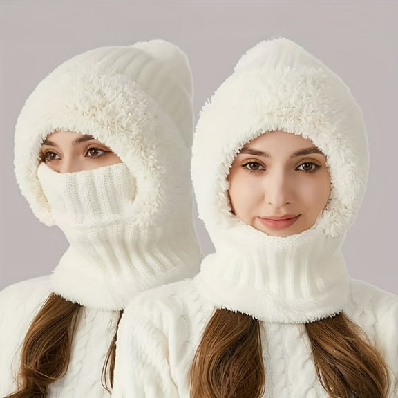 EIMELI 3-in-1 Winter Beanie with Ear Flaps Neck Warmer & Face Mask - Cozy -Lined Knit Hat for Women for Outdoor Cycling