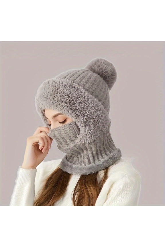 3-in-1 Winter Beanie with Ear Flaps Neck Warmer & Face Mask - Cozy -Lined Knit Hat for Women for Outdoor Cycling