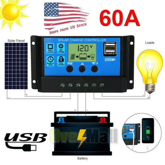 EIMELI 30A 60A Solar Charge Controller 12V/24V Auto, Solar Panel Charge Controller 30Amp Solar Regulator with Dual USB LCD, Adjustable Parameter Backlight LCD Display and Timer Setting ON/Off Hours