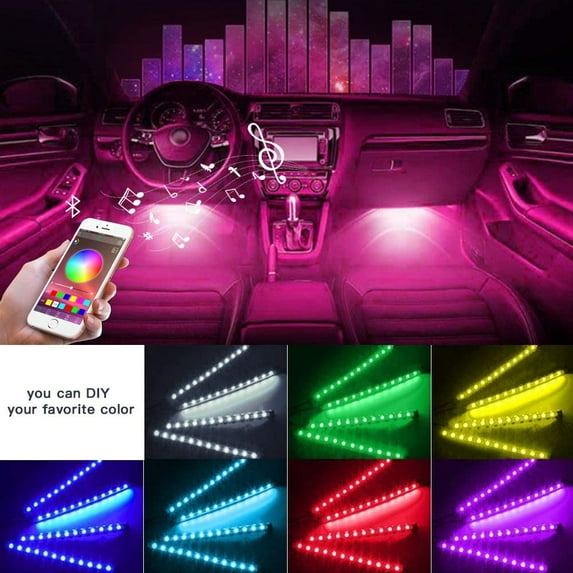 EIMELI 4 in 1 Strip Light 4pcs 48 LED APP Controller Car Interior Lights, Waterproof Multicolor Music Under Dash Lighting Kits for APP control atmosphere light 5050,Car Charger Included,DC 12V