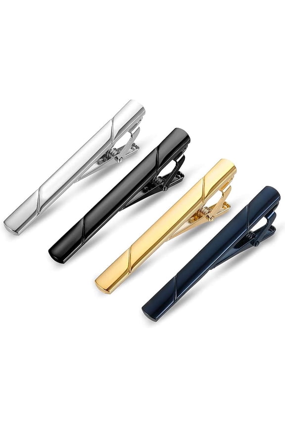 4 PCS Tie Clips for Men, Black Gold Blue Gray Silver Tie Bar Set for Regular Ties, Luxury Box Gift Ideas (Elegant Style)