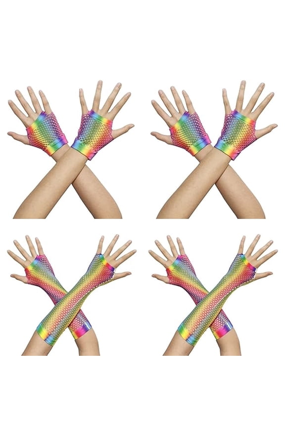 4 Pair Rainbow Fingerless Fishnet Gloves Long Fishnet Mesh Fingerless Gloves 80s Short Fishnet Gloves 80s 90s Party Cosplay Costume Accessories for Women and Girls