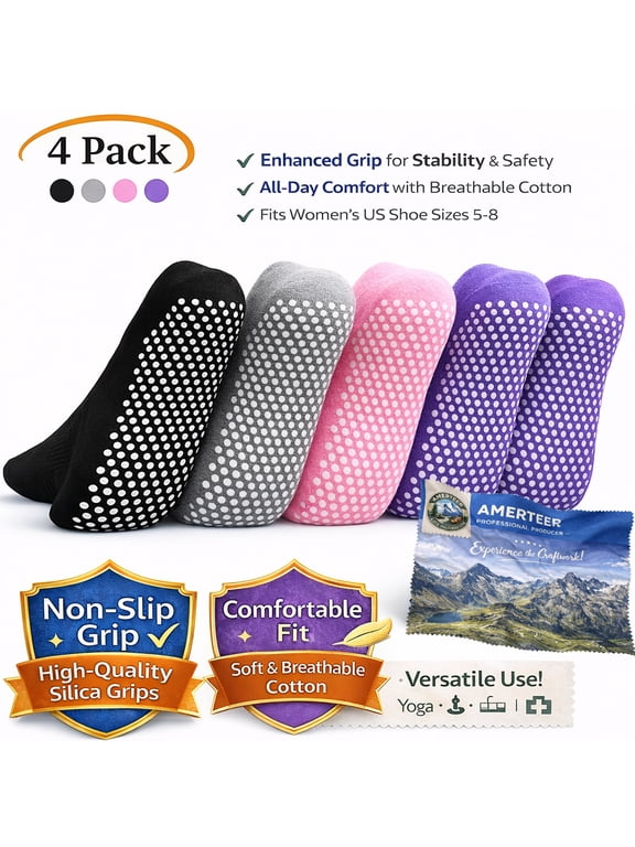 4 Pairs Anti Socks Non Skid Slipper Yoga Trampoline Socks with Grips Sticky Home Hospital Athletic Socks For Adult Women