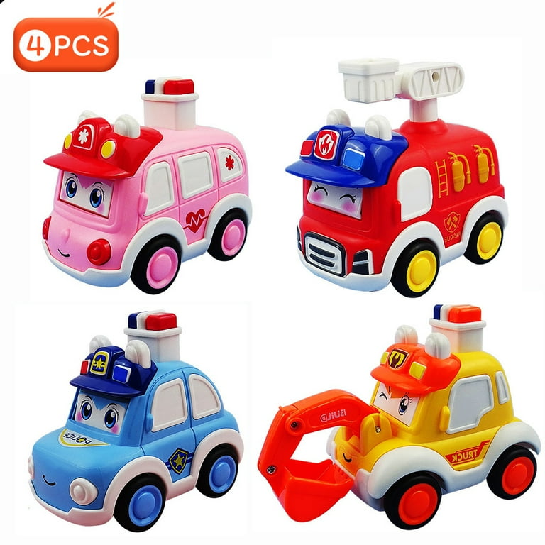 EIMELI 4Pcs Cartoon Cute Can Change Expression Push Type Running Children s Fun Toy Car 1 Police car 1 Ambulance 1 Engineering Vehicle 1 Fire Truck