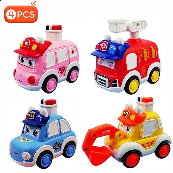 EIMELI 4Pcs Cartoon Cute Can Change Expression Push-Type Running Children's Fun Toy Car (1*Police car+1*Ambulance+1*Engineering Vehicle+1*Fire Truck)