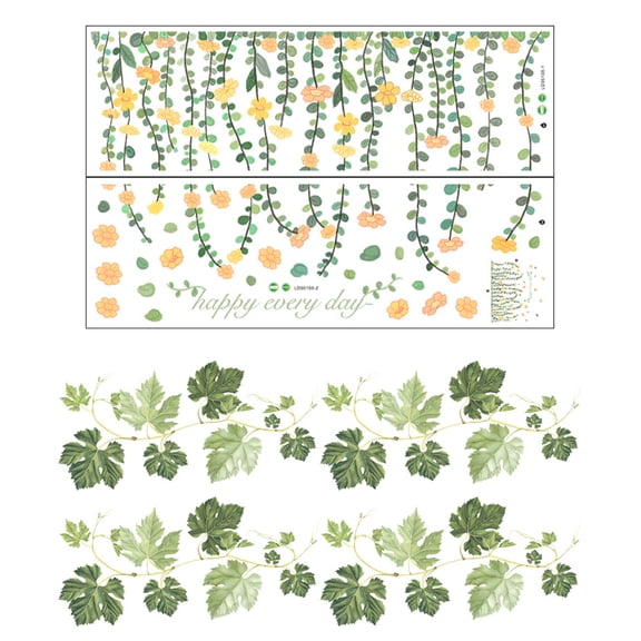 EIMELI 4Pcs Green Plants Leaves Wall Decals Peel and Stick, Large Floral Flower Leaf Vinyl Wall Stickers, Removable Vine Home Decor Art for Bedroom Room Classroom Office