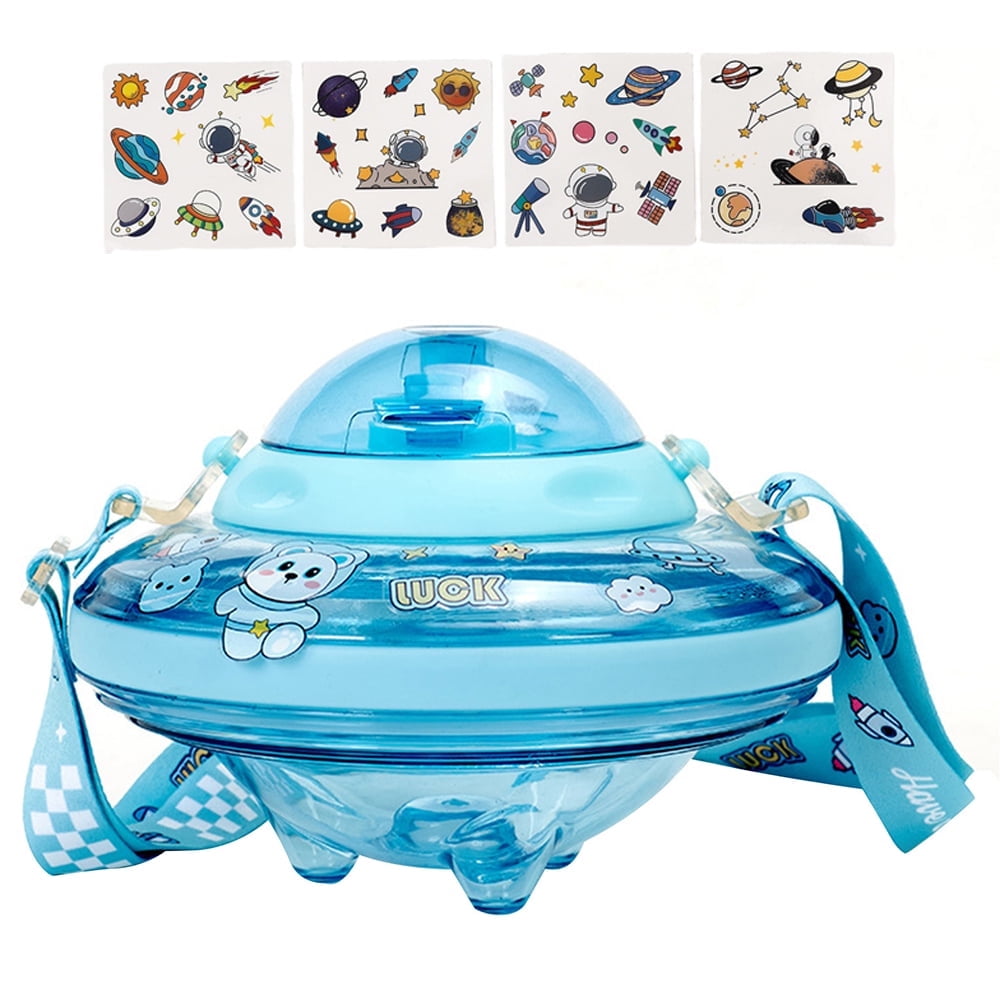 EIMELI 550ML Children Kids Water Bottle with Cute Astronaut Stickers -Creative UFO Shape Drinking Bottle for School Kids Boys Girls, Portable and Leakproof