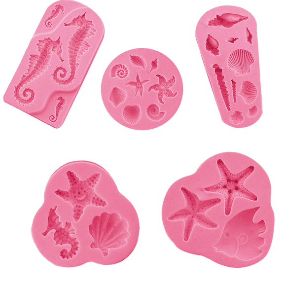 EIMELI 5Pcs Mermaid Silicone Mold Marine Fondant Cake Mold 6 Pieces Mermaid Tail Chocolate Candy Soap Resin Polymer Clay Mold Seashell Seaweed Seahorse Sea Turtle Silicone Baking Mold