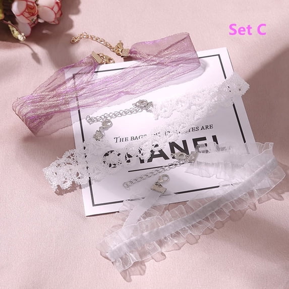 EIMELI 6 PCS Teen Girls Choker Necklaces Pink Ribbon Cute Lace Choker Necklace White Velvet Henna Tattoo Choker For Women (C & D)