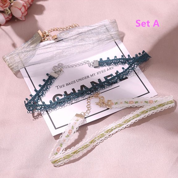 EIMELI 6 PCS Women Choker Necklaces Vintage White Lace Choker Necklace Pink Cute Leather Ribbon With Adjustable Chains (A & B)